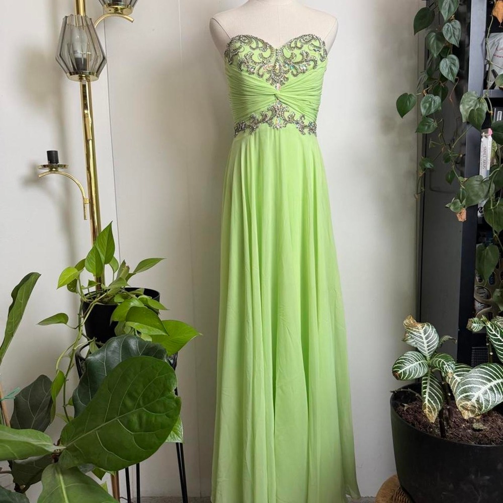 Vintage Cache Lime Green Strapless Beaded Maxi Dress Formal Gown Size 8